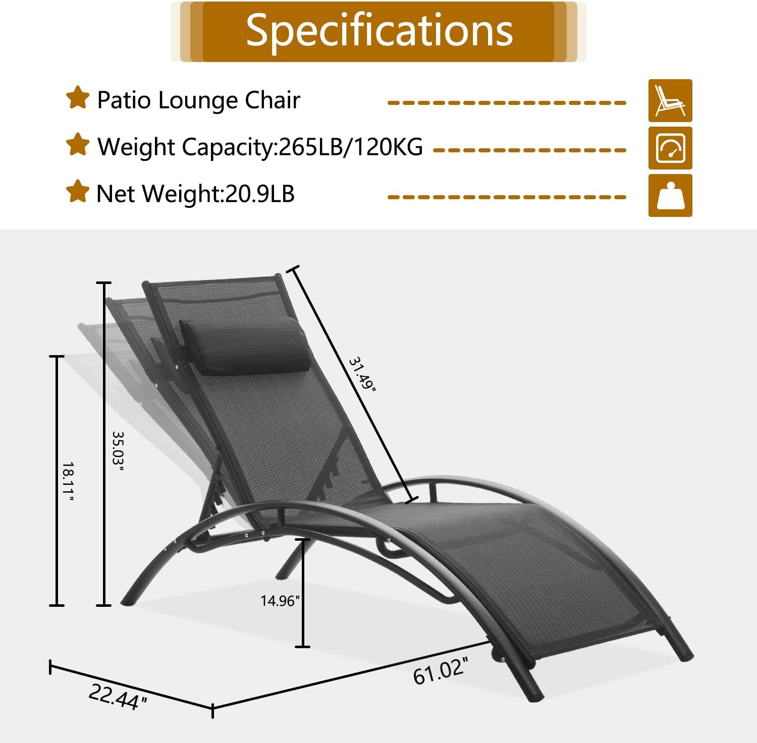 Patio Lounge Chairs Outdoor Pool Chaise Lounges Adjustable for All Weather for Beach Backyard（2-Pack Black: Kitchen & Dining