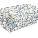Gosect Floral Makeup Bag, Cute Cosmetic Bag for Women Girls, Quilted Cotton Make up Pouch, Travel Makeup Bags, Portable Storage Toiletry Organizer Bag(Blue Floral)