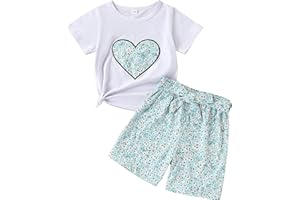 TOGRIELAN Cute Girl Heart Pattern Printed Short Sleeve Top + Printed Belt Shorts Summer 2-Piece Set