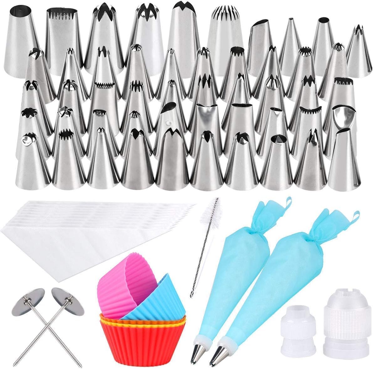 Gyvazla 72 Pieces, Including 50, 10 Disposable Icing Reusable Bags, 2 Flower Nails, 2 Couplers, Clean Brush, 5 for Cakes Cookies Pastry