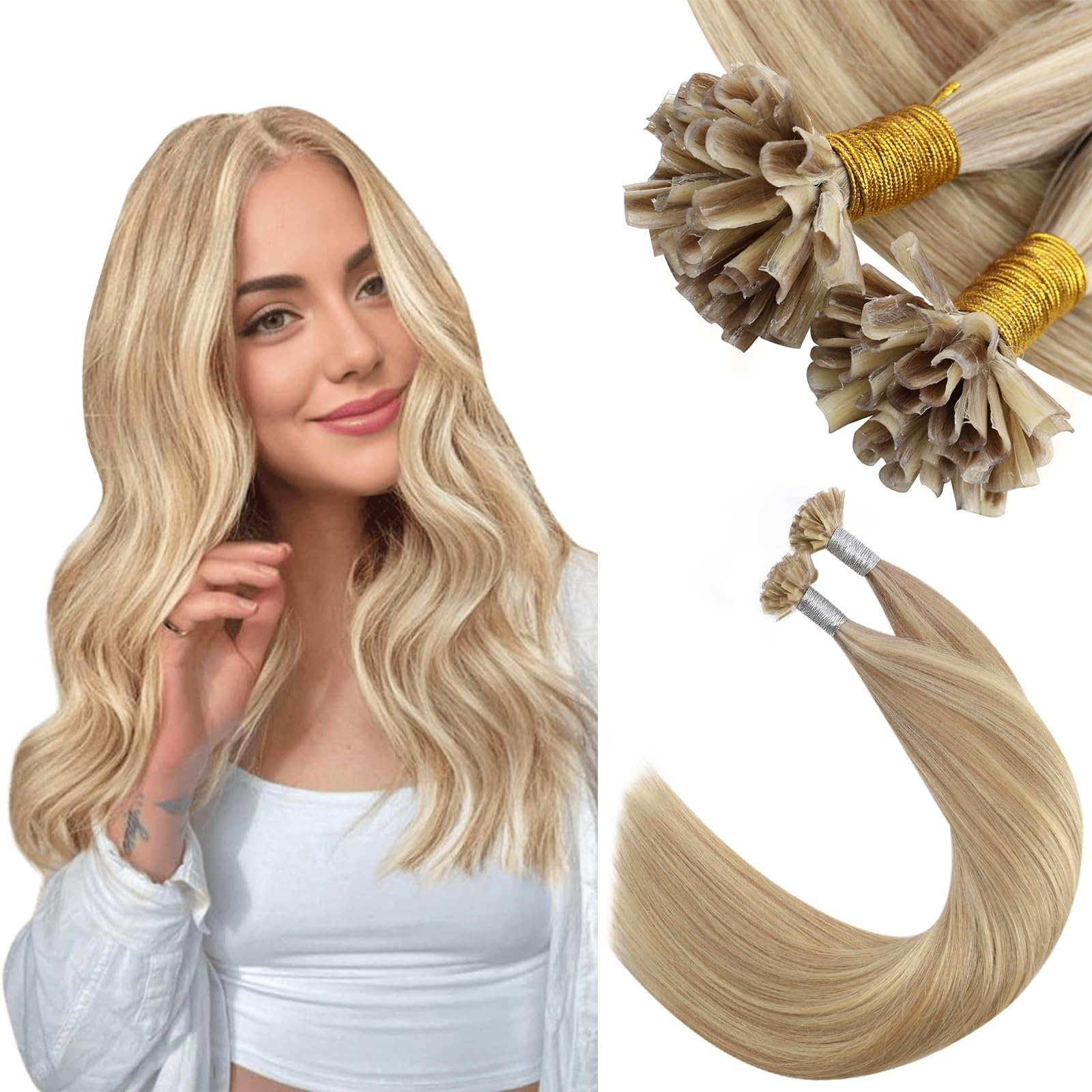 Ugeat Highlight U Tip Hair Extensions Human Hair Golden Blonde U Tip Extensions Highlight Ash Blonde Keratin to Add Length and Volume Utip No Damage for Women 22 Inch 50G 50S — image 1