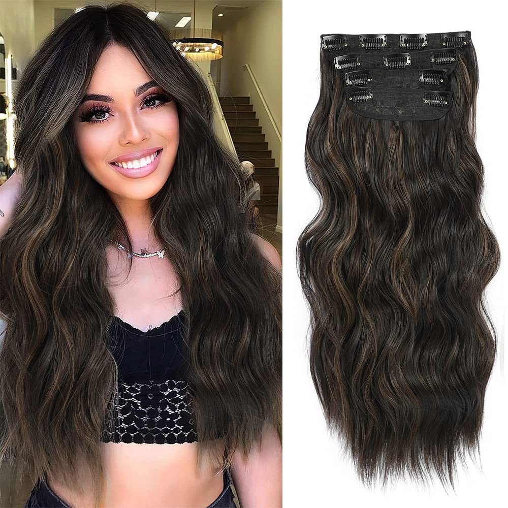 Fine Plus Clip in Hair Extensions 4PCS Thick Full Head Dark Brown with Highlights 20Inch Hair Extensions Clip in Curly Wavy Synthetic Hair Extension Hairpieces Daily Use — image 1