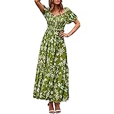 PRETTYGARDEN Womens Summer Dresses 2025 Casual Boho Floral Puff Short Sleeve Flowy Maxi Dress Smocked V Neck Sun Dresses