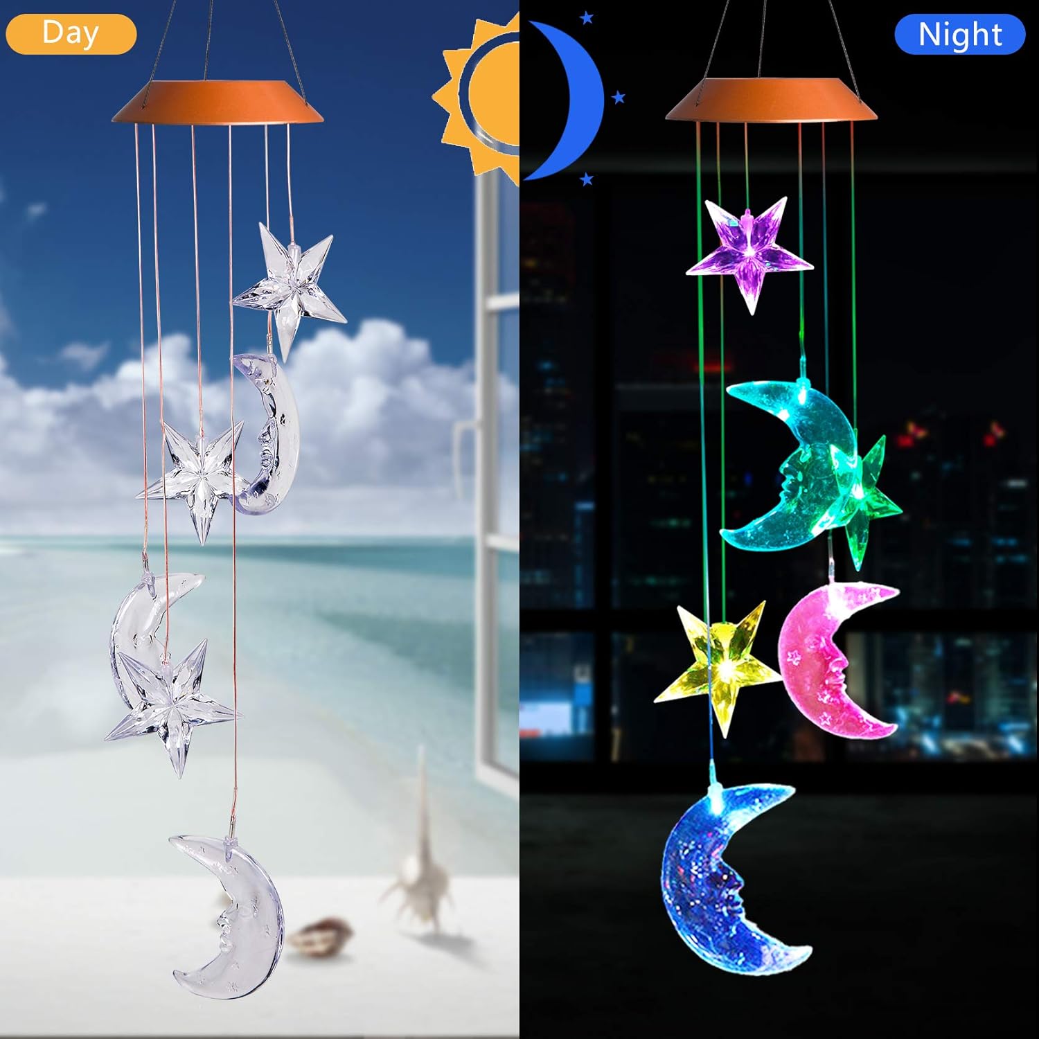 LED Solar Moon and Star Wind Chimes Outdoor - Waterproof Solar Mobile Romantic Changing Color Stars and Moon Wind Chimes Light Decor for Home, Gifts For Mom, Balcony, Festival, Night Garden Decoration : Garden & Outdoor