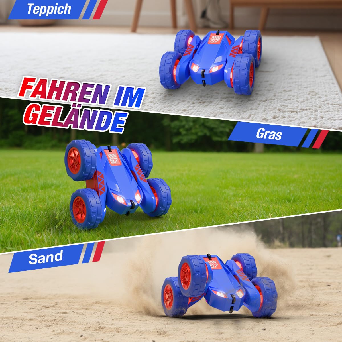 Duales Direktladung Ferngesteuertes Auto,Lädt Auto und Controller über USB,2.4G 360°Drehung Monster Truck mit Buntes LED-Licht,4WD Stunt Spielzeugauto Geschenk für Kinder Jungen Mädchen ab 3-12 Jahre 4