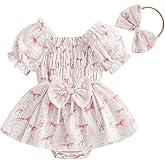 Aopwsrlyi Newborn Baby Girl Easter Outfit Short Puff Sleeve Smocked Bubble Romper Dress Bodysuit with Bow Headband