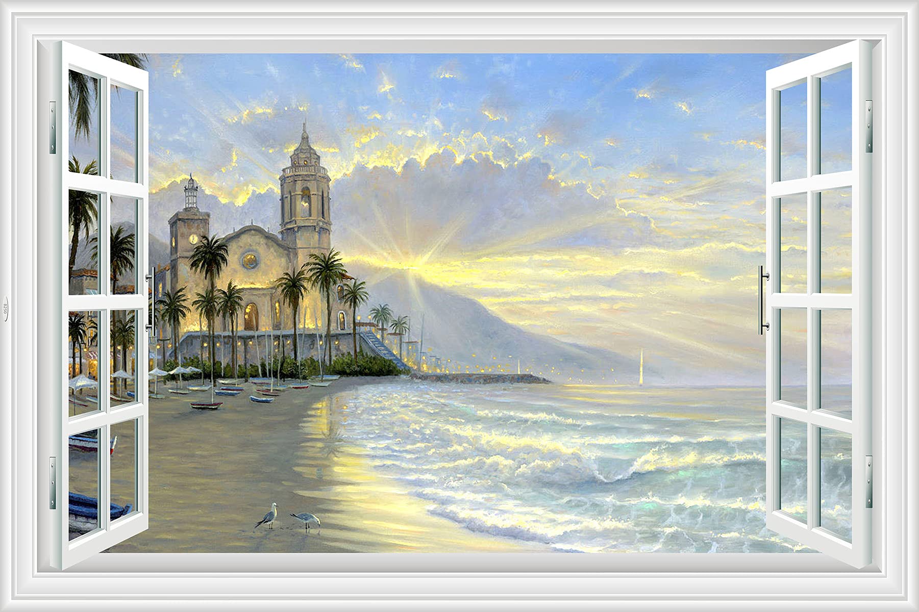 Lichi 3D Fake Window Wall Sticker Mural Decal of Beach Coconut Tree View Scenery with Castle