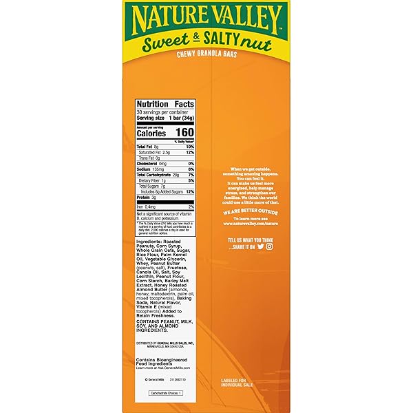 NATURE VALLEY SWEET & SALTY PEANUT CHEWY GRANOLA BARS BULK 30 COUNT, 36 OZ BOX, NO ARTIFICIAL FLAVORS COLORS OR HIGH FRUCTOSE CORN SYRUP, MORNING SNACK BARS, ADVENTURE READY