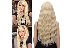 Netgo Blonde Wig, Platinum Blonde Wig with Bangs, Long Curly Wavy Hair Wigs for Women, Heat Friendly Synthetic Cosplay Halloween Party Wigs for Girl