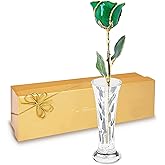 Forever Rose Hand-Dipped in 24K Gold, Emerald-Inspired May Birthstone with Sparkles, Real Rose in Luxury Gold Gift Box & Clear Glass Bud Vase – Perfect Ready to Gift for May Birthday or Any Occasion
