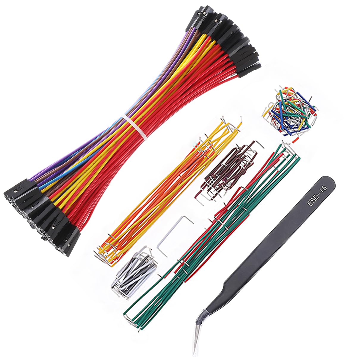 Bestlus Breadboard Jumper Wires 20AWG Plus 140 Pieces U Shape Preformed And Assorted Jumper Wires Kits Plus ESD Tweezers, DuPont F/F 0.1'' Head Jumper Wires Cable Kits (6" / FF)