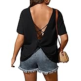 Floerns Women's Plus Size Criss Cross Twis Back Short Sleeve Backless T Shirt Tops