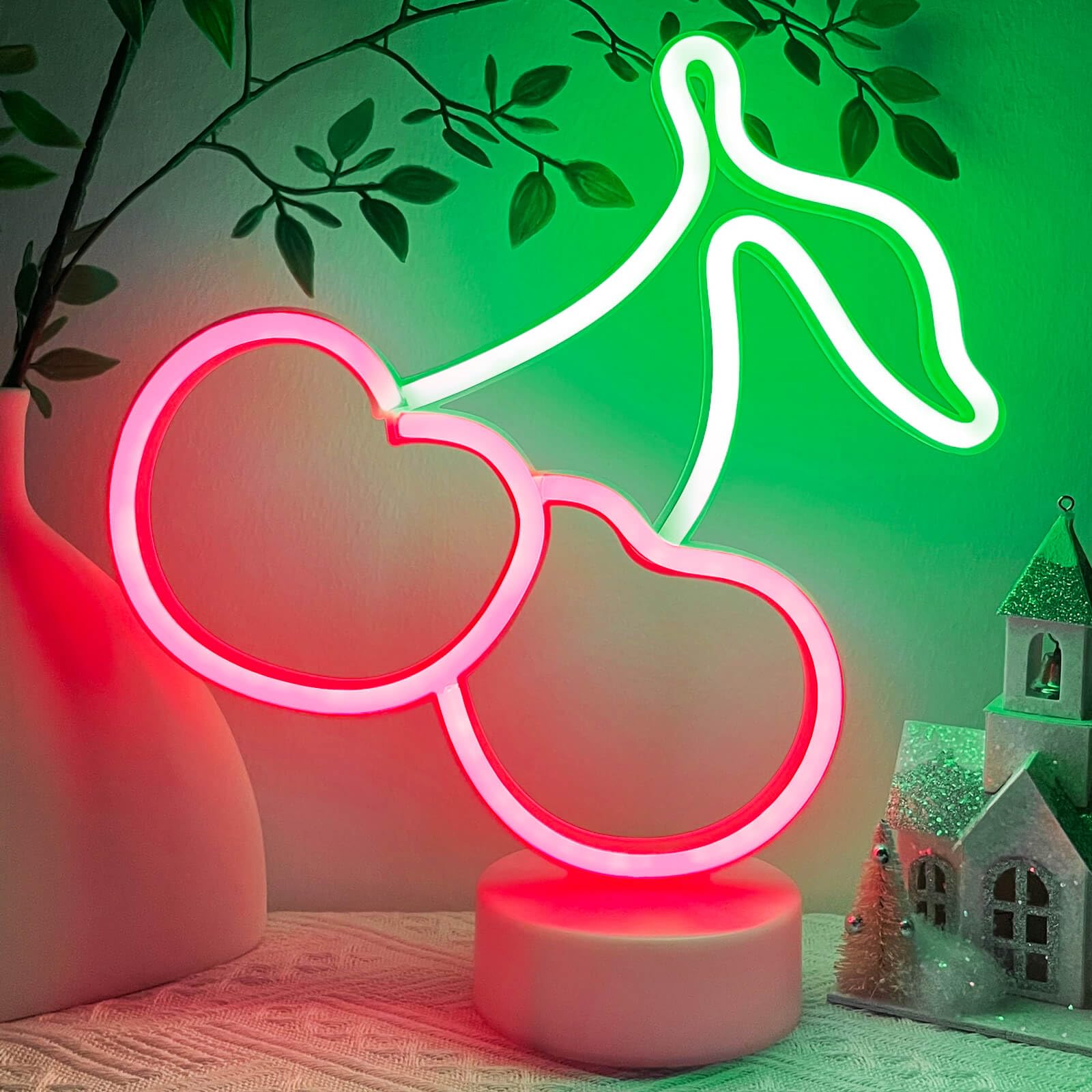 Photo 1 of HOHOSIGN Cherry Neon Sign Lights LED Lamp Cherry Decor Birthday Party Decorations, Green Red Accessories for Women Fruit Gifts, USB/Battery Operated Neon Sign for Table Decor Room Home Girls Bedroom