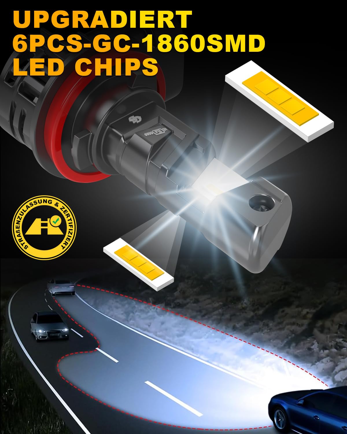 OUSHI H11 LED Scheinwerferlampe mit Straßenzulassung, 5500K Weiß UNECE-R37 Zugelassene H9 H8 LED Fernlicht und Abblendlicht mit Zulassung (2 Stück) 4