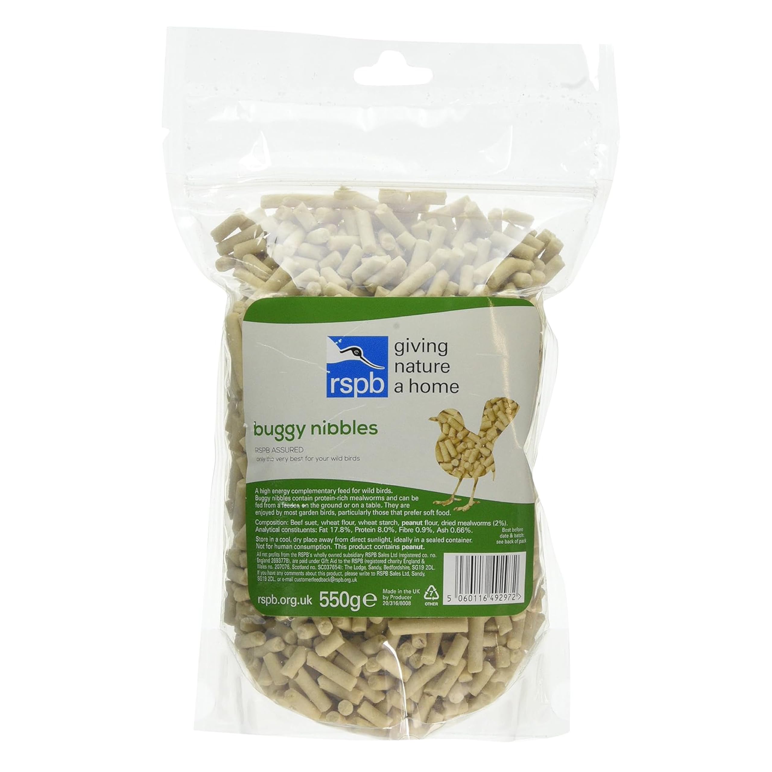RSPB - Winter Suet Pellets, Wild Bird Food for Small Birds, Robins, and Common Garden Breeds, High Energy with Dried Mealworms, Suitable for Year-Round Feeding, Made in the UK (Buggy Nibbles) (550g)