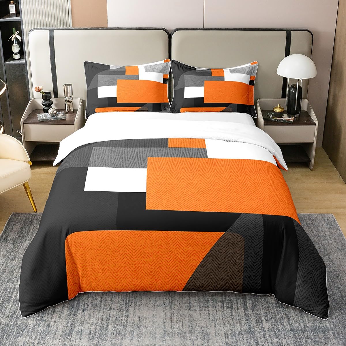 Orange and Black Duvet Cover 100% Cotton Geometry Bedding Set for Kids Boys Girls Teens Room Decor Geometric Square Comforter Cover Set Double Size Abstract Art Bedspread Cover 3Pcs Zipper