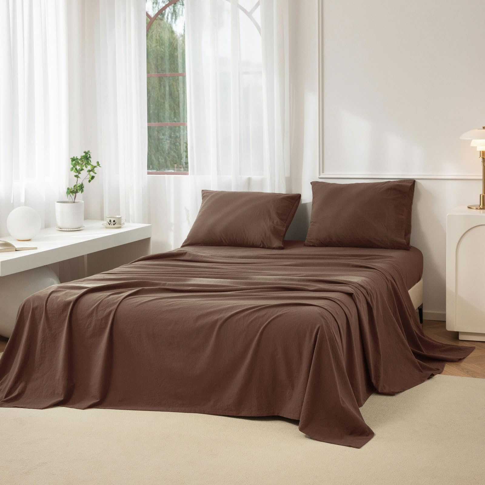 Photo 1 of JIYUAN 100% Washed Cotton Sheet Set 4 Pieces Cal King,1 Fitted Sheet,1 Flat Sheet and 2 Pillowcases,Comfy and Breathable Linen Like Bedding Set,Chocolate Brown