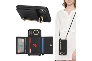 SunYoo for iPhone X Case with Card Holder,for iPhone X Wallet Case for Women with Strap Crossbody Lanyard Stand Ring,PU Leather Zipper Pocket Phone Cover-Black