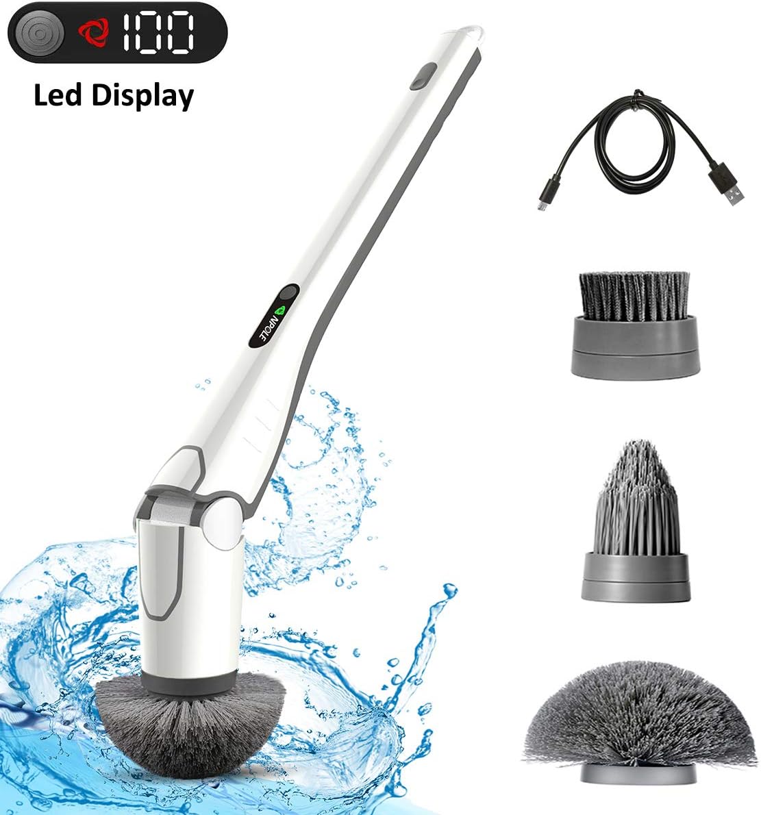 NPOLE Electric Spin Scrubber Floor Scrubber and Bathroom Scrubber， Cordless and Handheld Cleaning Brush with 3 Replaceable Brush Heads, High Rotation for Bathroom, Floor, Kitchen, Car, （White）