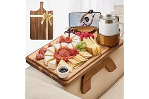 ZenStorage Acacia Wood Couch Arm Table Tray with Charcuterie Board with Phone Holder, Cup Slot & Folding for Wide/Narrow Recliners, Snack Table for Small Spaces TV Entertaining (Natural Wood)