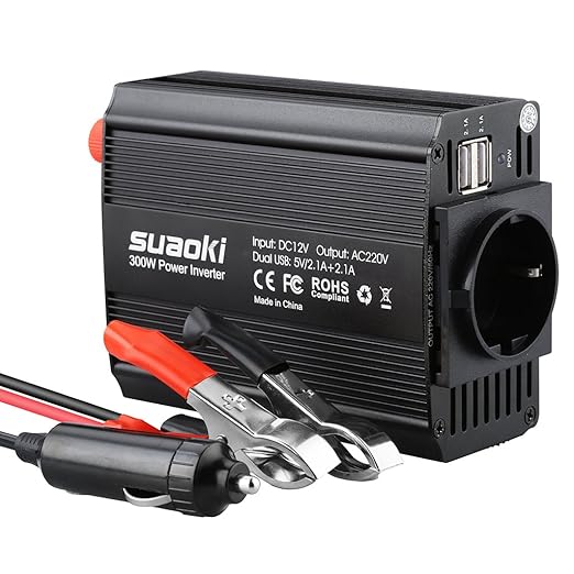 title=Suaoki 300W Power Inverter DC 12V AC 230V Scocca in Alluminio 2 Porte USB