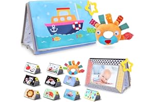 BLIPHANT Tummy Time Book with Baby Safe Mirror and Lovely Rattle, Perfect Baby Toys Set for 0-3 6 12 Months, Fun High Contrast Montessori Toys w/Black and White Patterns for Early Newborn/Infant Development