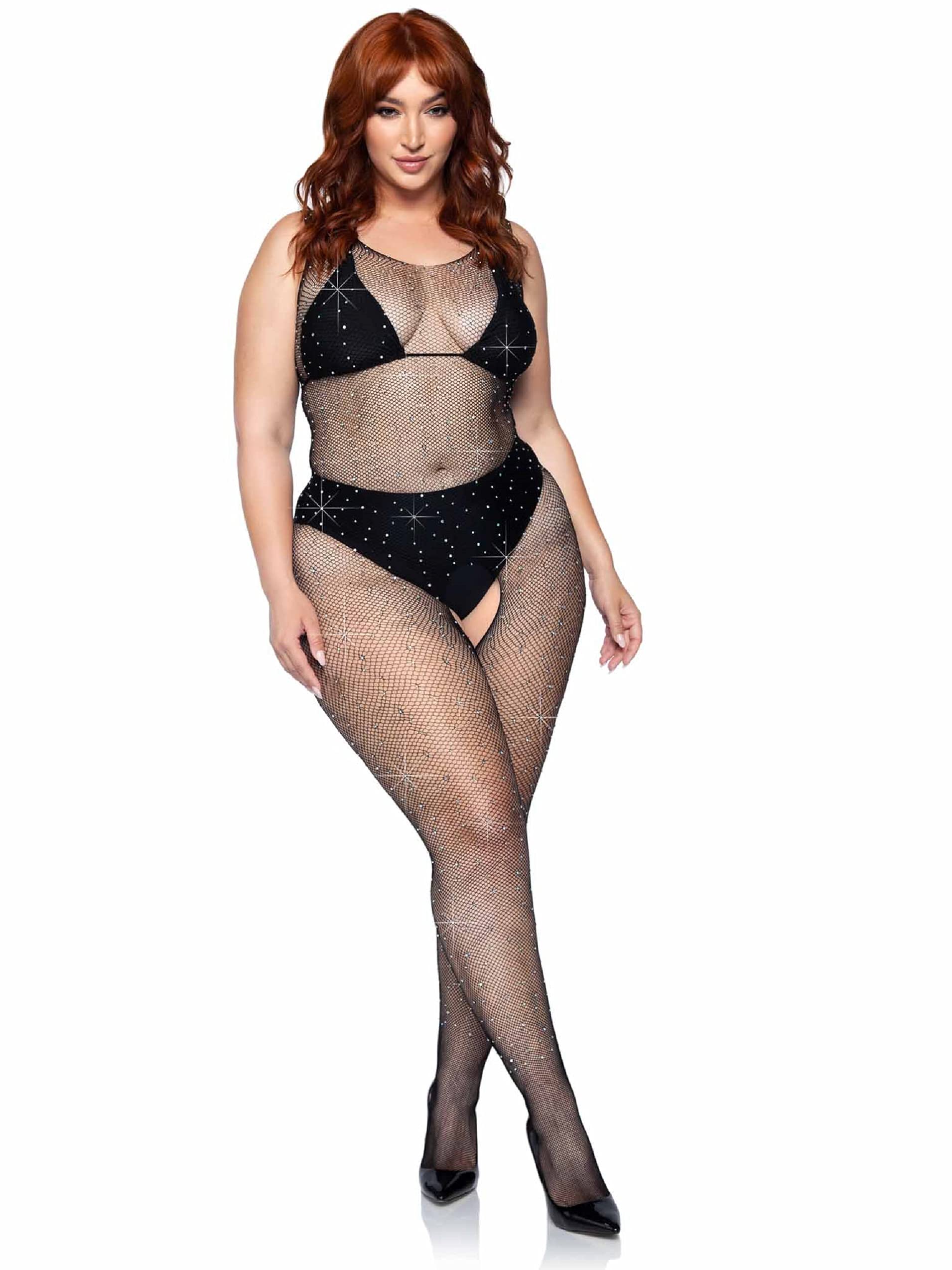 Leg Avenue Crystalized net Bodystocking +, Black, 1X-2X