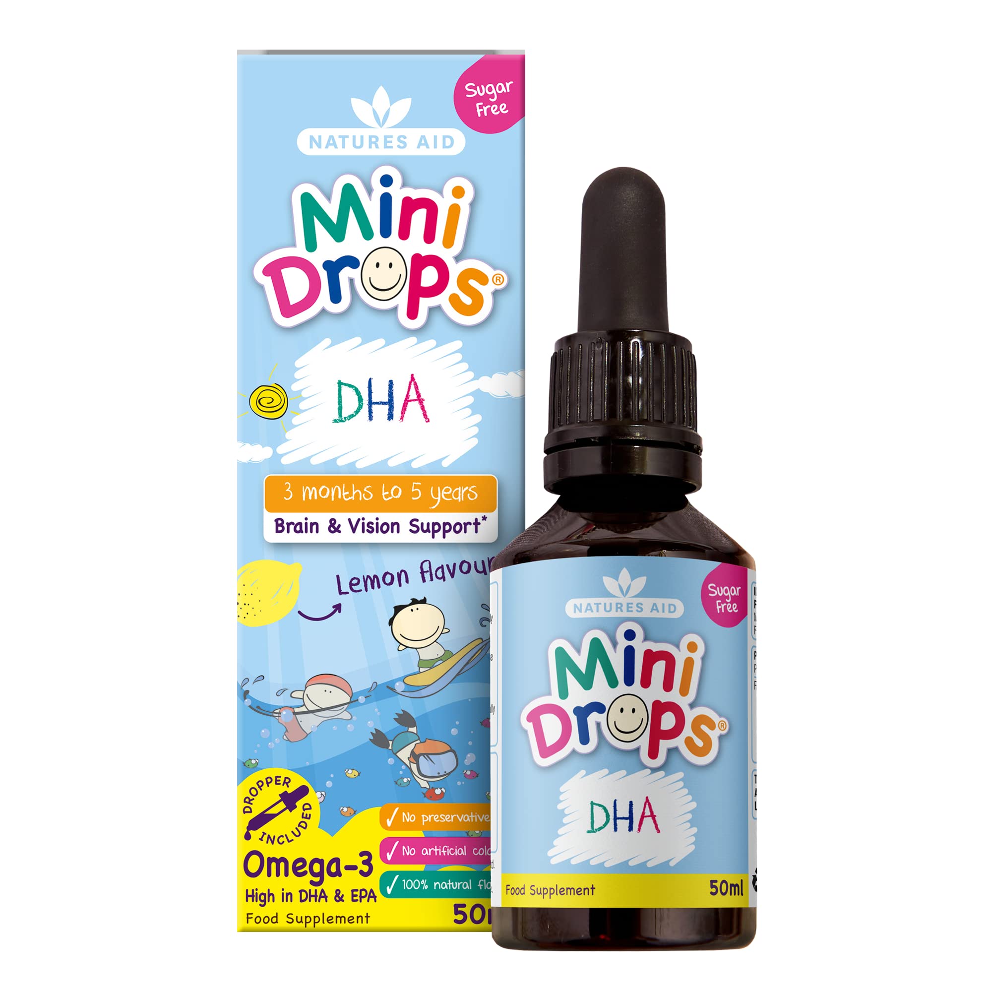 Natures Aid DHA Omega-3 Mini Drops for Babies & Kids 50ml – Supports Brain & Vision Health – Sugar-Free, Vegan, Gluten-Free, Non-GMO – Growth Support for Children Age 0-5 Years Old Dropper Included