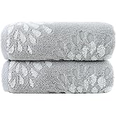 Pidada Hand Towels Set of 2 Hydrangea Floral Pattern 100% Cotton Absorbent Soft Decorative Towel for Bathroom (Light Grey)