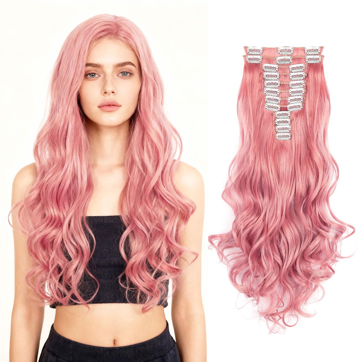 Pink Hair Extensions Clip In 22 Inch 12Pcs Long Curly Wavy Clip in Hair Extensions Synthetic Fiber Hairpiece for Women 180g Soft and Thick #Pink