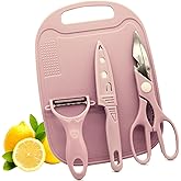 Magicorange Travel Cutting Board Set, 4 Pcs Portable Mini Camping Plastic Cutting Board Set & Stainless Steel Knife with Sheath, Fruits & Vegetable Peeler Scissors (Pink)