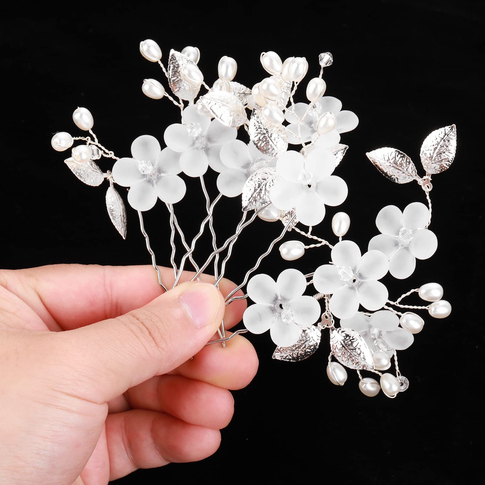 Lusofie 5Pcs Flower Bridal Hair Pins - White Pearl & Silver Flower Wedding Hair Pieces for Women & Girls (3.54In)
