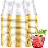 Nervure 240PCS Gold Plastic Cups - 9Oz Gold Rimmed Plastic Cups - Heavy Duty Disposable Clear Cup with Gold Rim Perfect for Weddings, Receptions & Parties