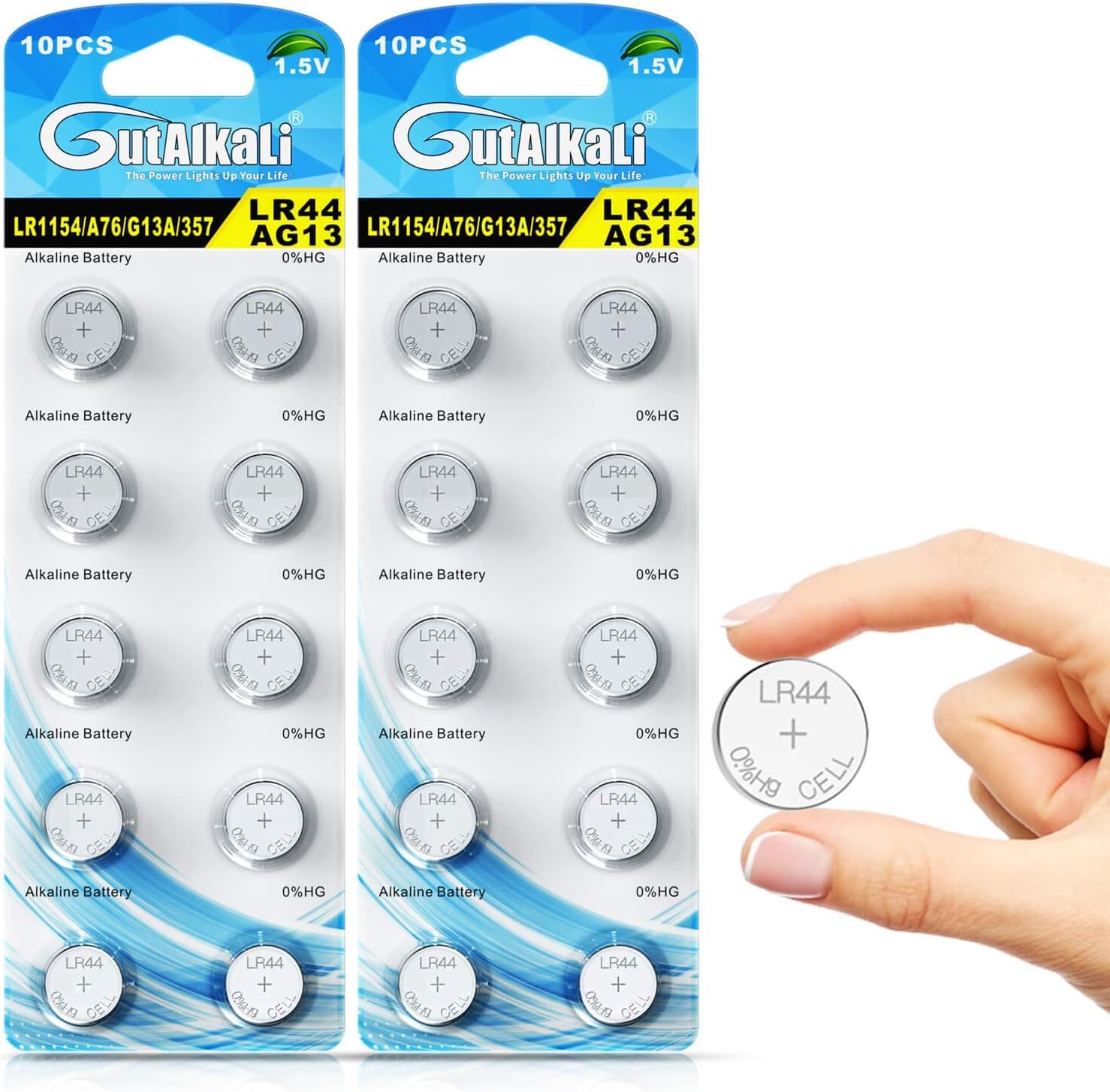 GutAlkaLi LR44 Battery Pack of 20 – 1.5V Batteries for Watches, Hearing Aids, Glucometer, Key Fobs and Small Electronics – Silver Oxide Chemistry Provides Stable Voltage and Long Lifespan