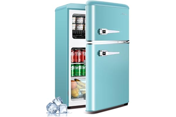 Anypro 3.2 Cu.Ft Mini Fridge with Freezer, Retro Double Door Small Fridge Compact Refrigerator, 7 Adjustable Temperature Settings, Removable Shelves for Dorm, Office, Bedroom, Blue