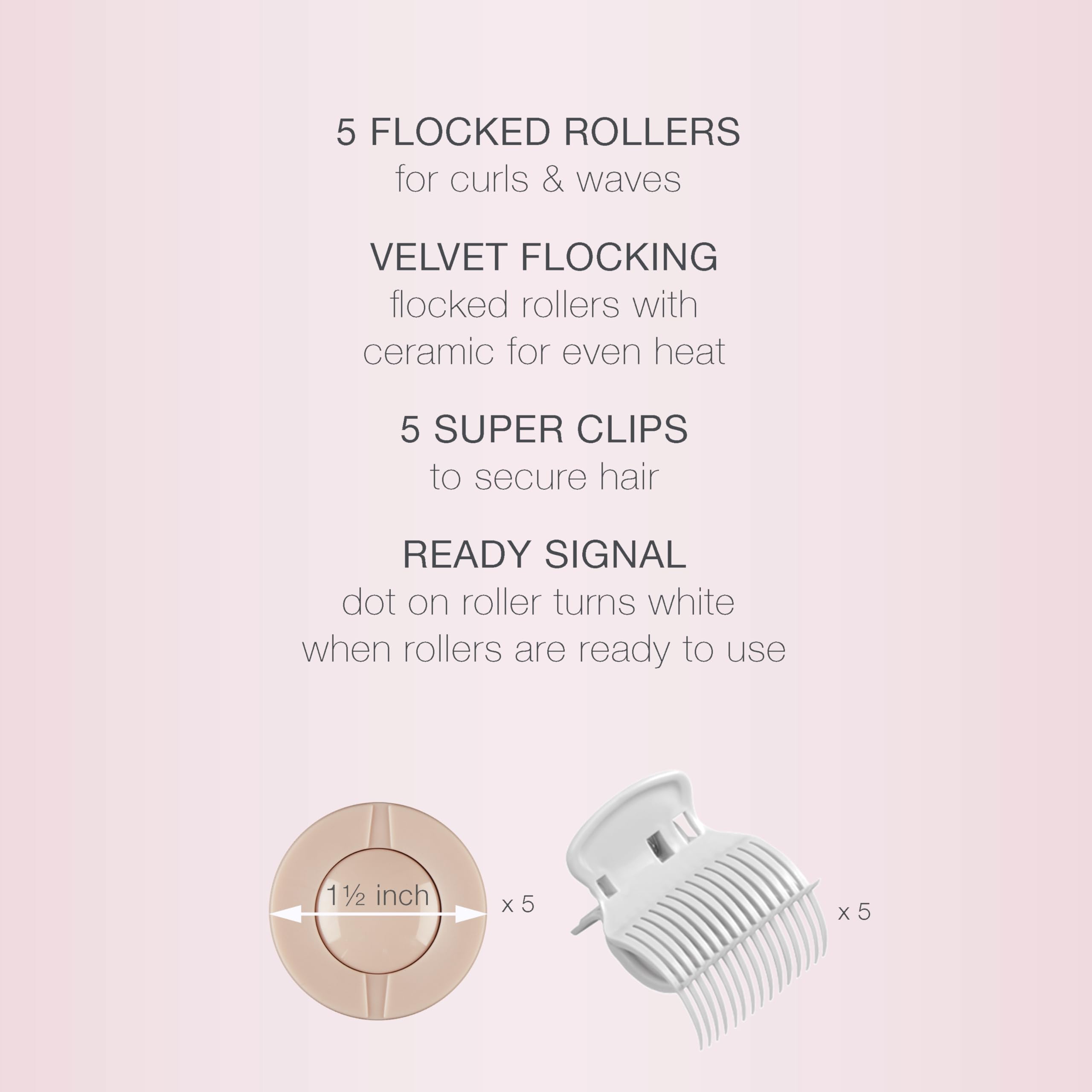 Conair Double Ceramic Hot Rollers for Long, Medium & Short Hair, 5 Ceramic Flocked 1½-Inch Heated Hair Rollers with Clips, Hot Curlers for Women, Volume & Curls, Dual Voltage, Pink/White