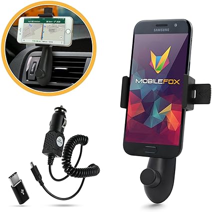 mobilefox® Delfin Lüftungsgitter Handy Halterung Halter Auto KFZ + Micro-USB Ladekabel + C Adapter Zigarettenanzünder 3in1 Se