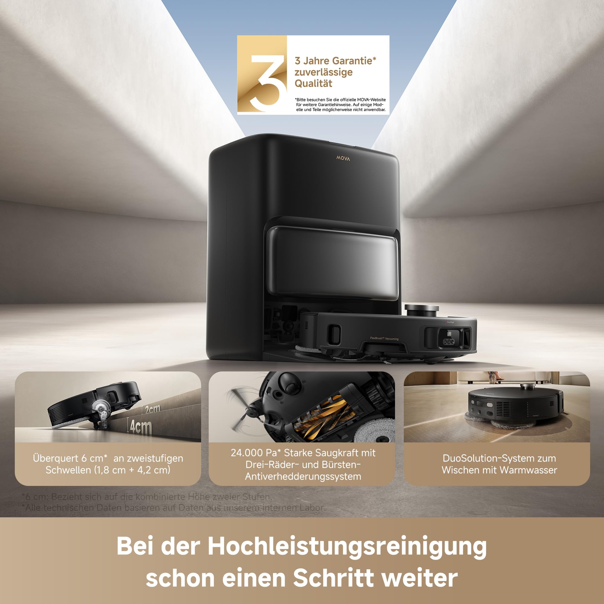 Mova V50 Ultra Complete Saugroboter mit Wischfunktion 24.000 Pa, 6cm Hindernisüberwindung, Liftable Navigation+RGB AI+LED, 80℃ Heißwasserwäsche & 63℃ Selbsttrocknung, DuoSolution System, Tricut Bürste 2