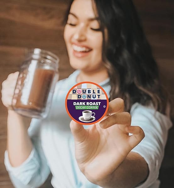 DOUBLE DONUT COFFEE DECAF DARK ROAST COFFEE PODS, EXTRA BOLD BLEND COFFEE, SINGLE SERVE COFFEE FOR KEURIG K CUPS MACHINES, DECAF DARK ROAST COFFEE IN RECYCLABLE PODS, 24 COUNT