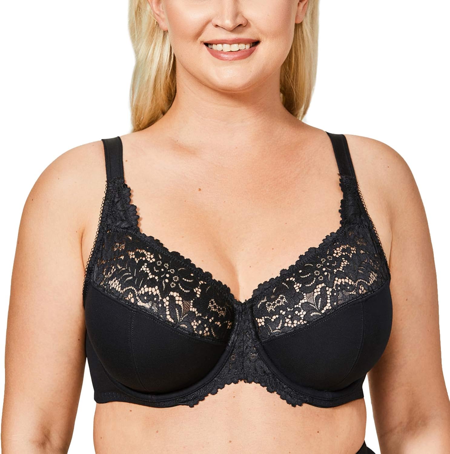 DELIMIRA Women's Plus Size Full Coverage Underwire Unlined Cotton Lace Bra at Amazon Womenâs 