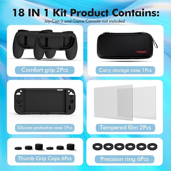 18-IN-1 ACCESSORIES BUNDLE COMPATIBLE WITH NINTENDO SWITCH 2, CARRY CASE SET, PROTECTION BUNDLE WITH 2X COMFORT GRIPS, 6X THUMB GRIP CAPS, 6X PRECISION RINGS, SILICONE COVER & 2X TEMPERED GLASS