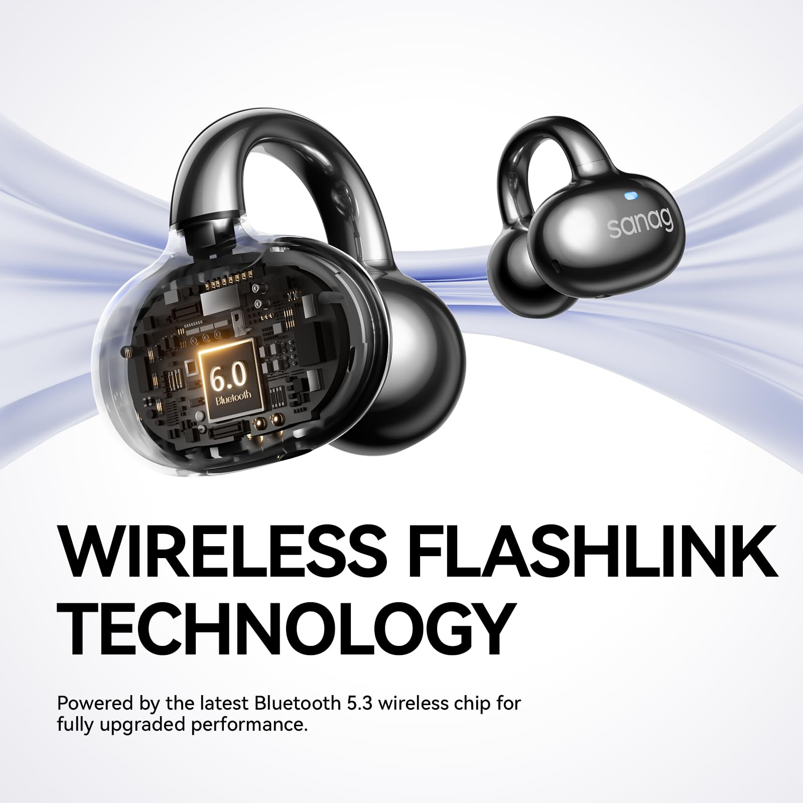 Sanag S6S Open Ear Free Clip-On Headphones, True Wireless Bluetooth Earphones with Microphone, IPX4 Waterproof Sports Earbuds, 38H Playtime OWS Design Fit Sport Running, App Custom Settings (Black)