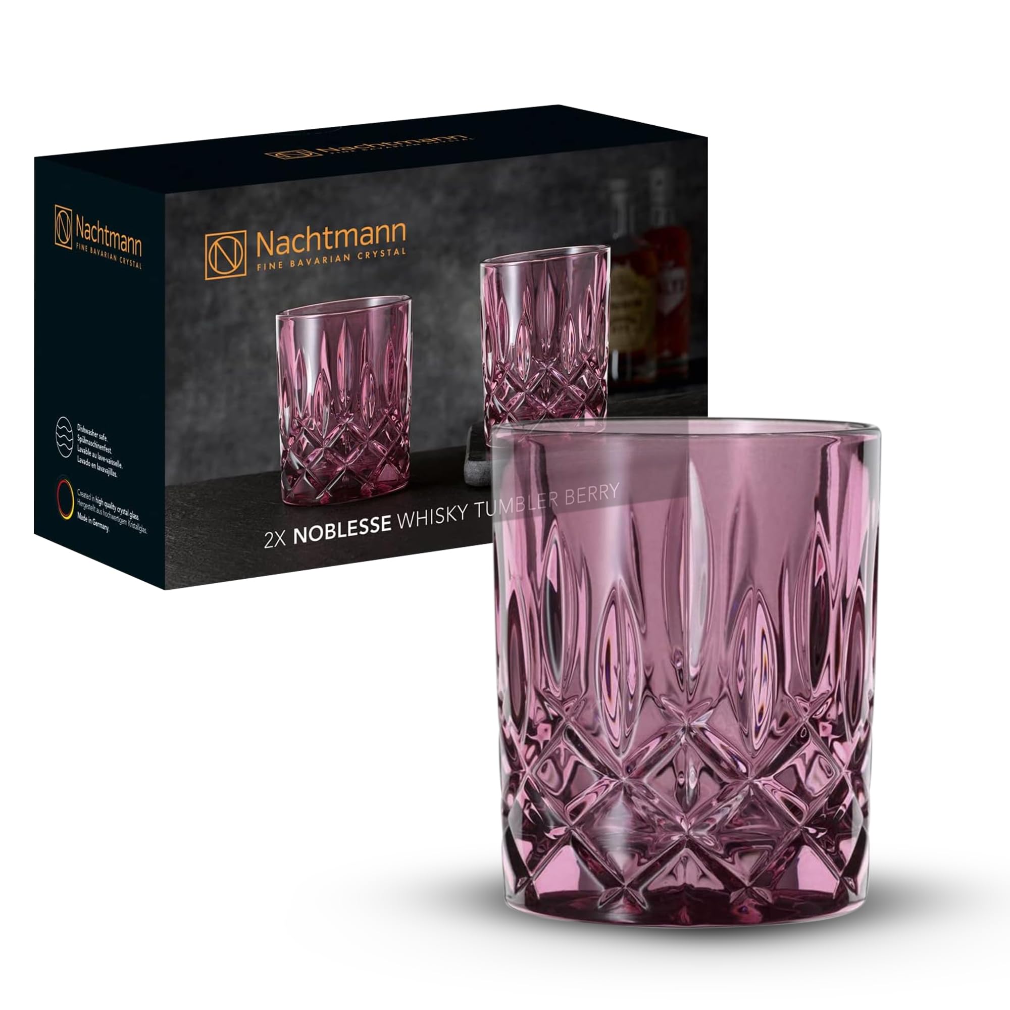 Nachtmann 2-Piece Whisky Tumbler Set, Pink Whisky Glasses, Crystal Glass, 295 ml, Berry, Noblesse Vintage, 104244