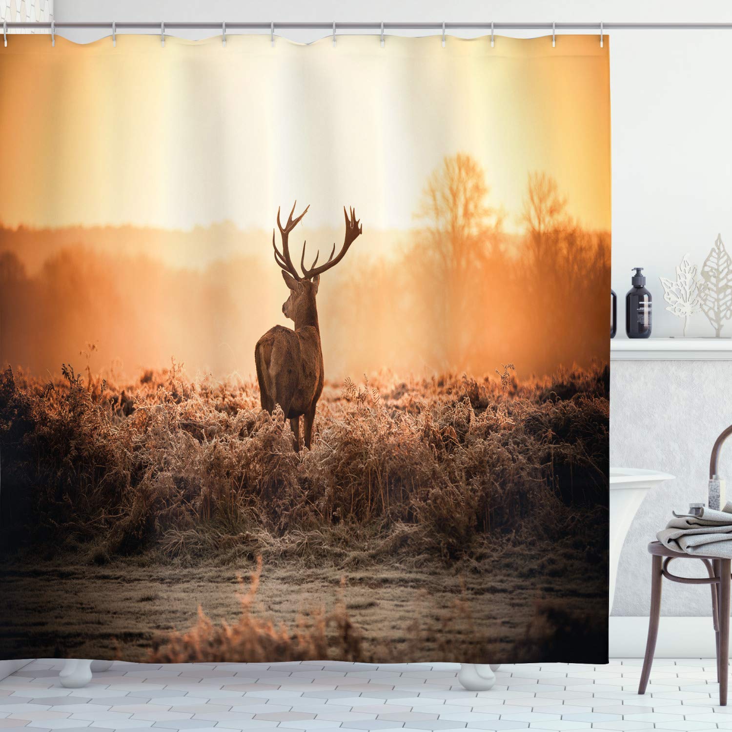 ABAKUHAUS Hunting Shower Curtain, Red Deer in the Morning Sun Wilderness Nature Scenery Countryside Rural Heathers, Cloth Fabric Bathroom Decor Set with Hooks, 70 Inches, Brown Orange