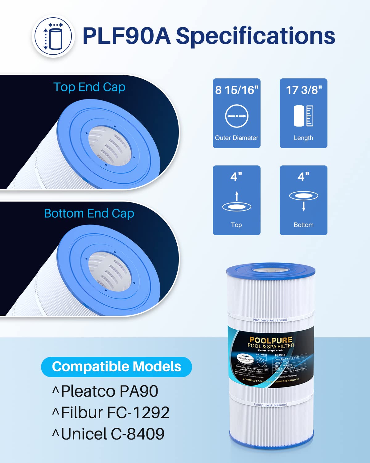 POOLPURE PLF90A Pool Filter Replaces Hayward C900, CX900RE, Pleatco PA90, Ultral-B6, Unicel C-8409, Filbur FC-1292, Sta-Rite PXC95, 90 sq.ft, L x OD: 17 3/8