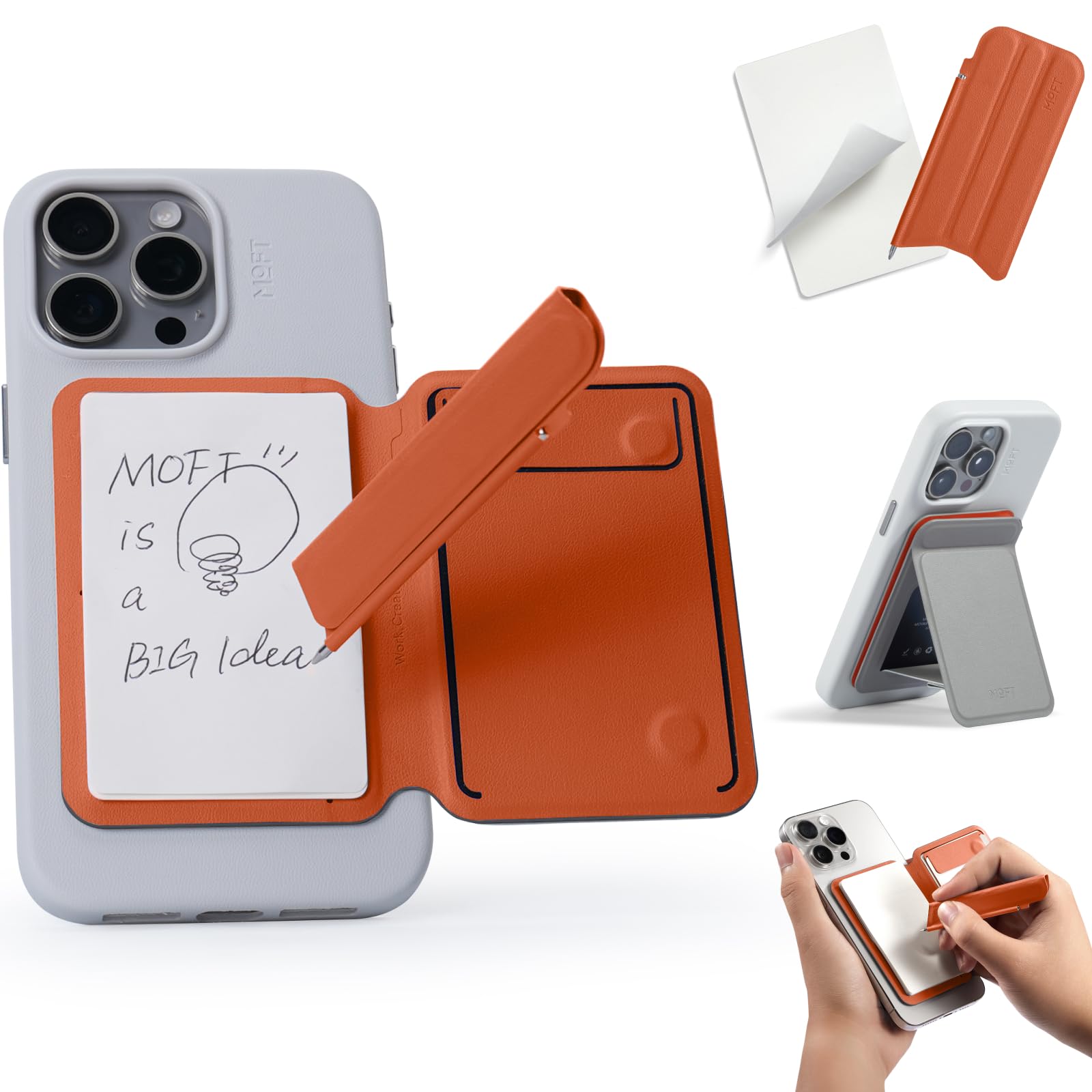 Photo 1 of MOFT Action Inspiration MagSafe Phone Stand, Magnetic Notepad Stand Compatible with iPhone 16 Series and Other Phones with Two Types of Notepad and Magnetic Invisible Pen, Taupe + Sunrise