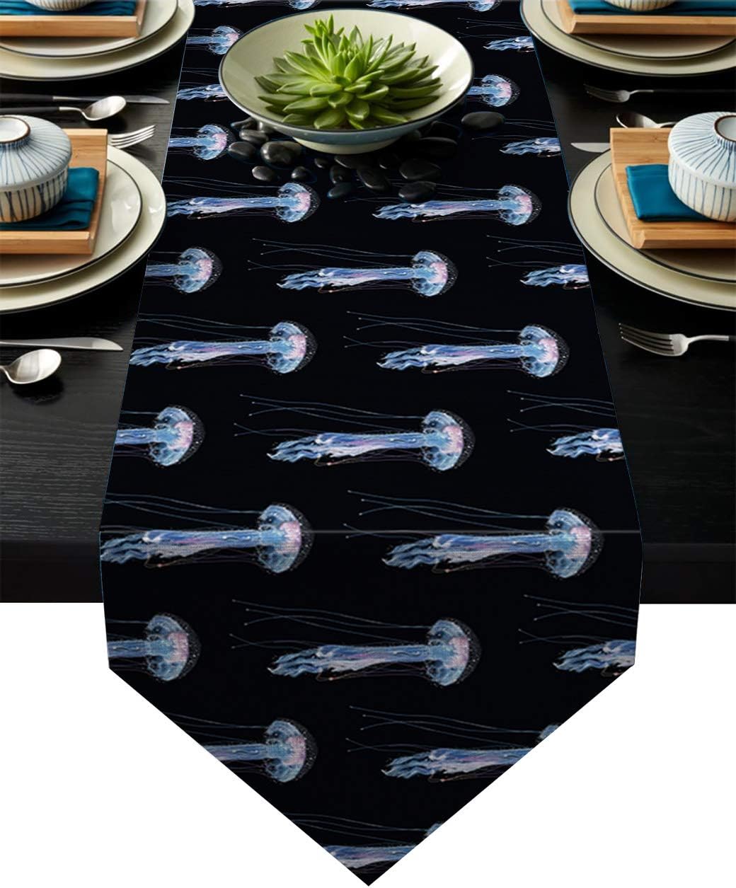 Fandim Fly Table Runner Sea Ocean Creature Aquatic Animals Jellyfish Table Runners for Catering Events, Dinner Parties, Wedding, Indoor and Outdoor Parties, 14 x 72 Inch