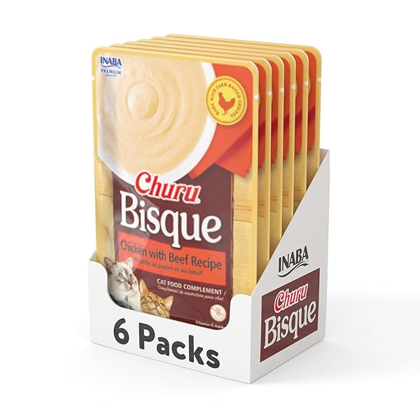 INABA CHURU BISQUE LICKABLE TREATS FOR CATS, CREAMY PURÉE BISQUE WITH VITAMIN E & GREEN TEA EXTRACT, 1.4 OUNCES PER POUCH, 6 POUCHES TOTAL, CHICKEN WITH BEEF RECIPE