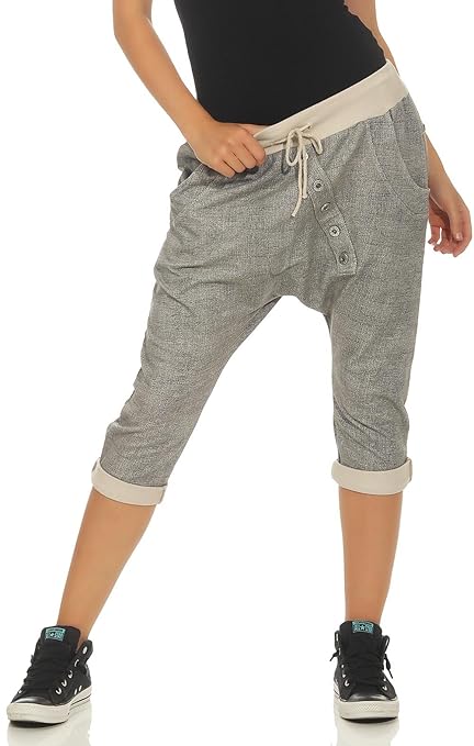 Malito Damen Kurze Hose mit Knopfleiste | Boyfriend Hose meliert | Baggy zum Tanzen | Sweatpants - Trainingshose 7393