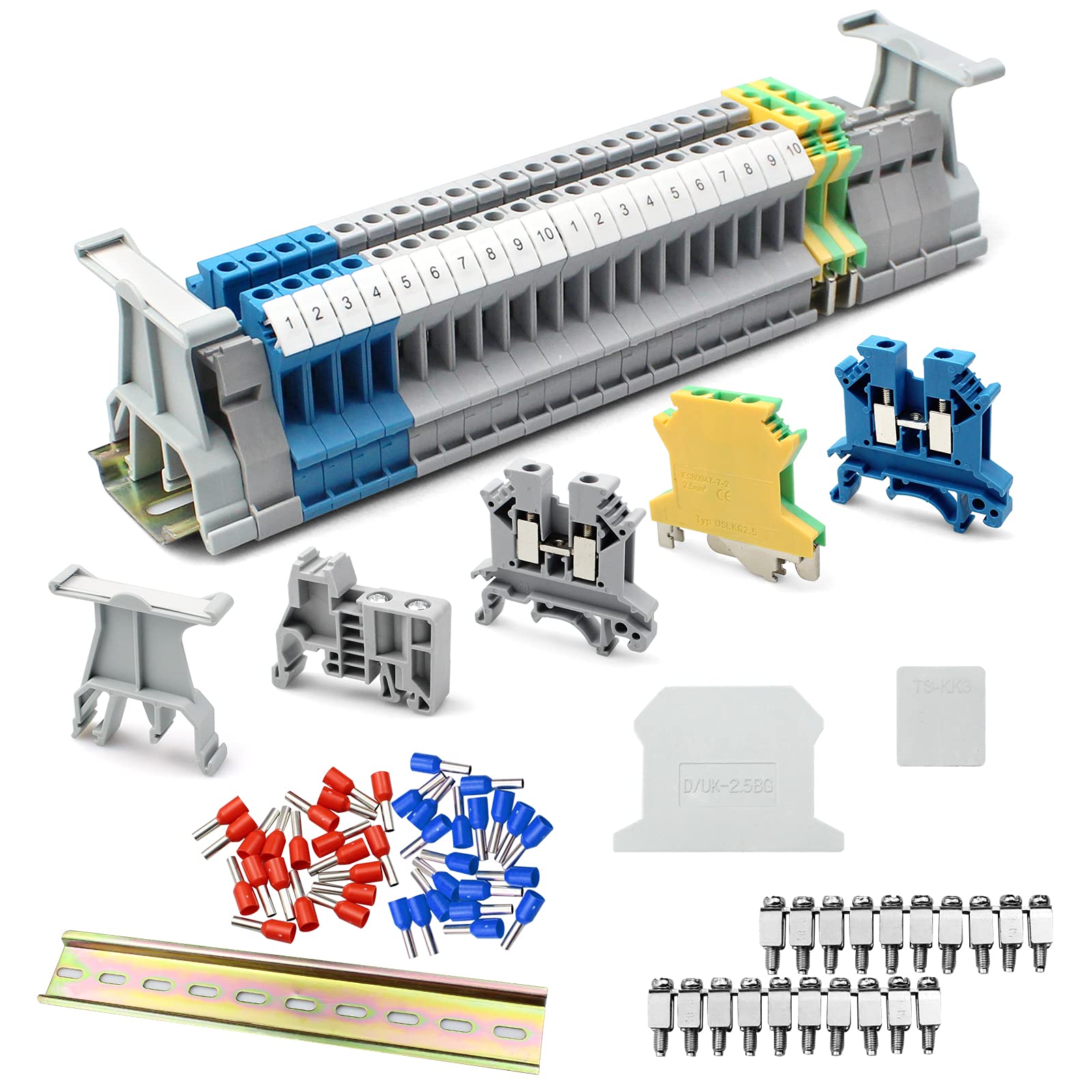 Suaywo DIN Rail Terminal Blocks Kit UK-2.5B 12 AWG Universal Class Terminal Blocks DIN Rail Terminal Kit for DIY Production Automation, Circuit Transformation etc